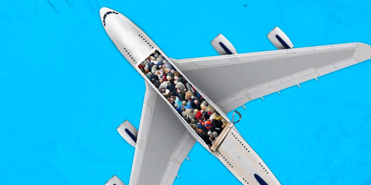 aerial view of a plane with the top rolled open like a sardine tin to reveal a crowd of people inside