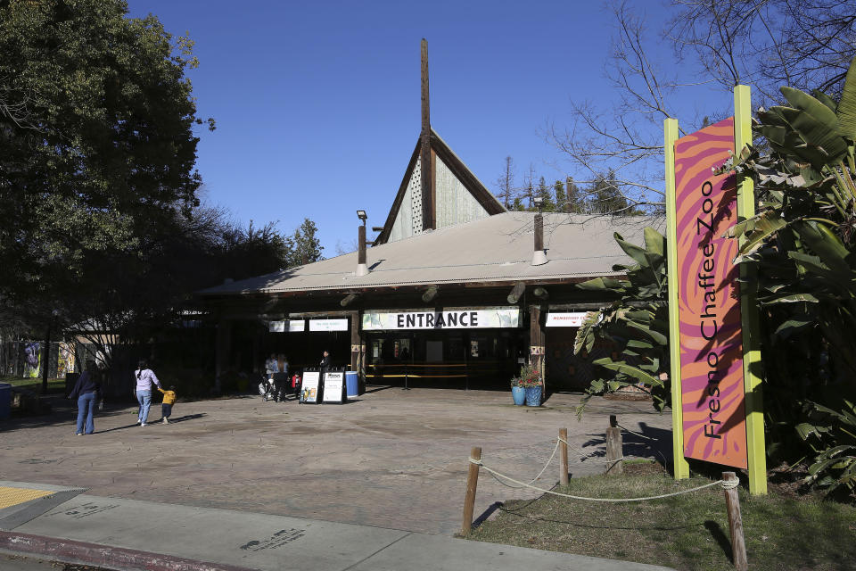 The front entrance of the Fresno Chaffee Zoo is shown in Fresno, Calif., on Jan. 30, 2023. A community in the heart of California's farm belt has been drawn into a growing global debate over whether elephants should be in zoos. In recent years, some larger zoos have phased out elephant exhibits, but the Fresno Chaffee Zoo has gone in another direction, updating its Africa exhibit and collaborating with the Association of Zoos and Aquariums on breeding. (AP Photo/Gary Kazanjian)