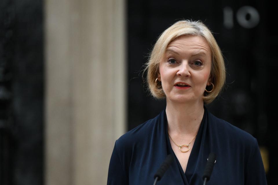 Britain's Prime Minister Liz Truss delivers a speech outside of 10 Downing Street in central London on October 20, 2022 to announce her resignation. - British Prime Minister Liz Truss announced her resignation on after just six weeks in office that looked like a descent into hell, triggering a new internal election within the Conservative Party. (Photo by Daniel LEAL / AFP) (Photo by DANIEL LEAL/AFP via Getty Images)