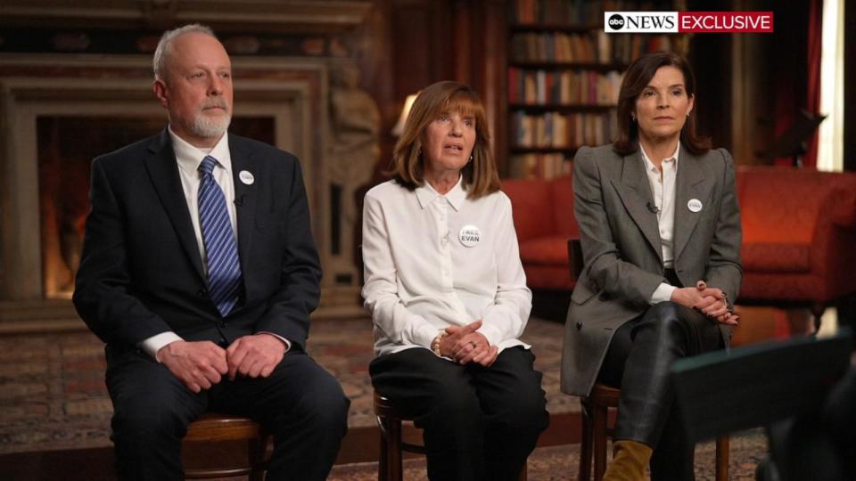 PHOTO: Mikhail Gershkovich and Ella Milman, parents of detained Wall Street Journal reporter Evan Gershkovich as well as Emma Tucker, Editor-in-Chief of The Wall Street Journal speak with George Stephanopoulos during an interview with ABC News. (ABC News)