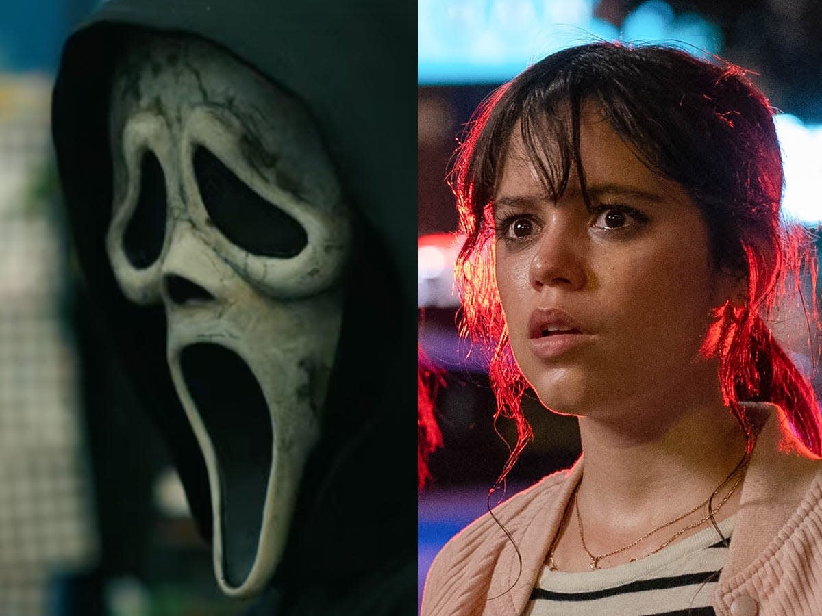 Ghostface and Jenna Ortega as Tara Carpenter in "Scream 6."