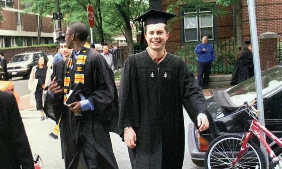 Pete Buttigieg on the occasion of his Harvard graduation on 10 June 2004 in Cambridge, Massachusetts. After a subsequent stint at Oxford University he went to work for McKinsey.