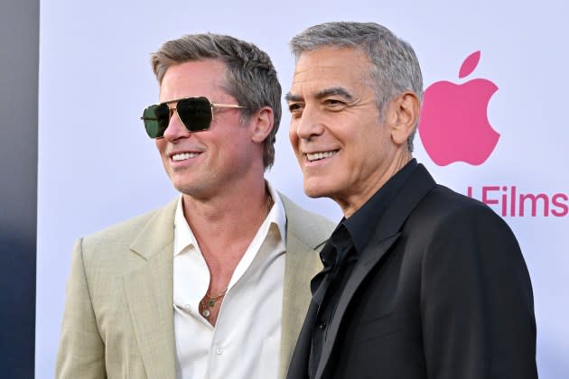 Brad Pitt and George Clooney attend the Los Angeles premiere of 'Wolfs' in Hollywood, California.  - Credit: Axelle/Bauer-Griffin/FilmMagic