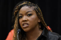 FILE - Cherelle Griner, wife of WNBA star Brittney Griner, speaks during a news conference in Chicago, Friday, July 8, 2022. President Joe Biden plans to meet at the White House on Friday, Sept. 16, with family members of WNBA star Brittney Griner, including Cherelle Griner, and Michigan corporate security executive Paul Whelan, both of whom remain jailed in Russia, senior administration officials told The Associated Press. (AP Photo/Nam Y. Huh, File)