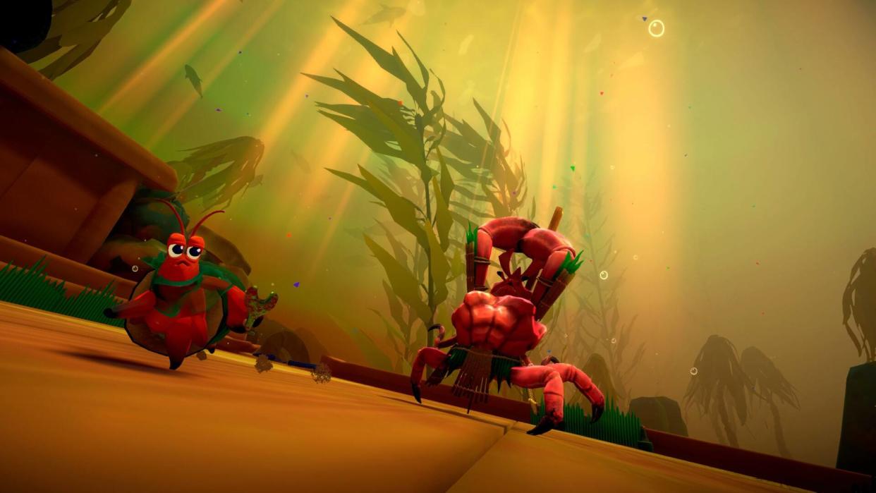  A screenshot from Another Crab's Treasure showing the hermit crab protagonist running from a larger crab. 