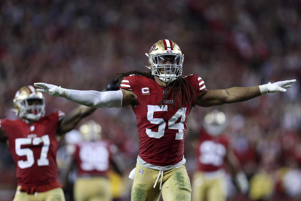 San Francisco 49ers linebacker Fred Warner (54) celebrates after the Detroit Lions failed to covert on fourth down during the second half of the NFC Championship NFL football game in Santa Clara, Calif., Sunday, Jan. 28, 2024. (AP Photo/Jed Jacobsohn)