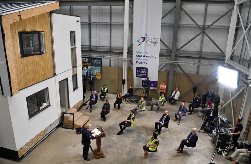 Britain's Prime Minister Boris Johnson delivers a speech during his visit to Dudley College of Technology in Dudley