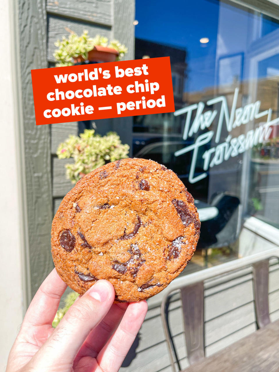 A hand holding a chocolate chip cookie with the text "World's best chocolate chip cookie; period"