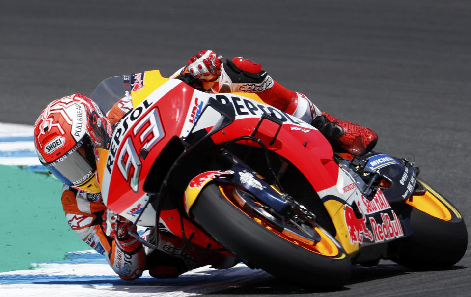 MotoGP rider Marc Marquez of Spain takes a curve during the Spanish Motorcycle Grand Prix at the Angel Nieto racetrack in Jerez de la Frontera, Spain, Sunday, May 5, 2019. (AP Photo/Miguel Morenatti)