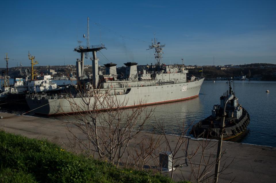 Ukrainian navy ship Slavutich is seen at harbor of Sevastopol, Ukraine, Monday, March 3, 2014. The Ukrainian Defense Ministry said that Russian forces that have overtaken Ukraine's strategic region of Crimea are demanding that the ship's crew surrender. (AP Photo/Andrew Lubimov)