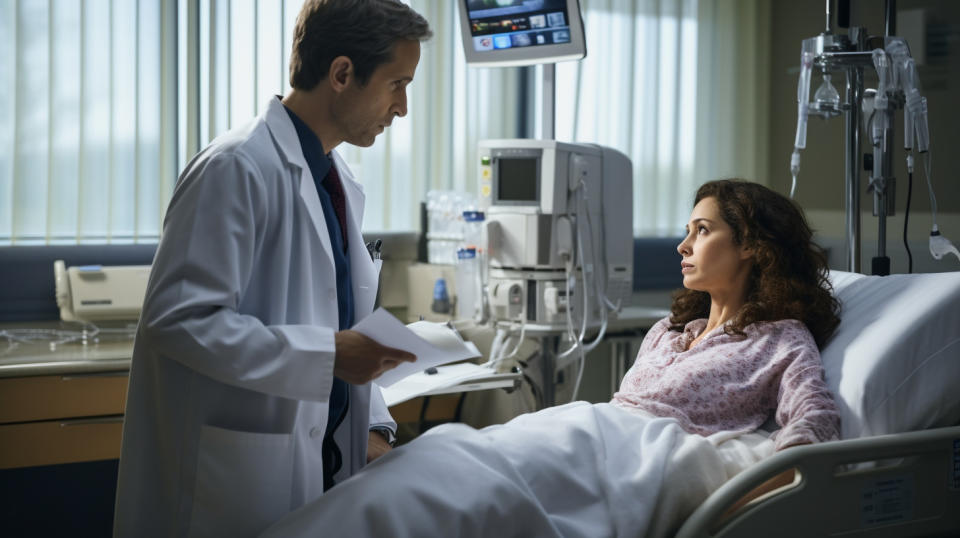 Doctor talking with patient on hospital bed in examination room.