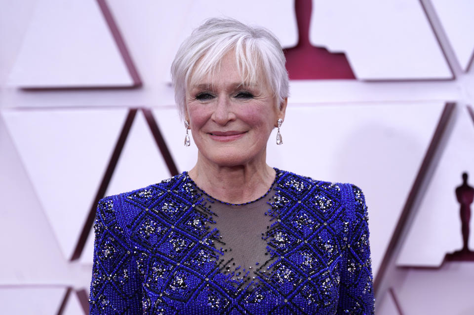 Glenn Close llega a los Oscar el domingo 25 de abril de 2021 en Union Station en Los Angeles. Close charló con The Associated Press sobre su récord de 8 nominaciones en los Oscar. (Foto Chris Pizzello/Invision/AP, archivo)