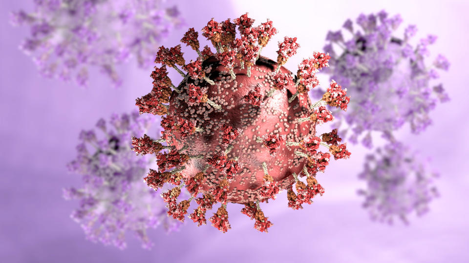 Virus variant, coronavirus, spike protein. Omicron. Covid-19 seen under the microscope. SARS-CoV-2, 3d rendering