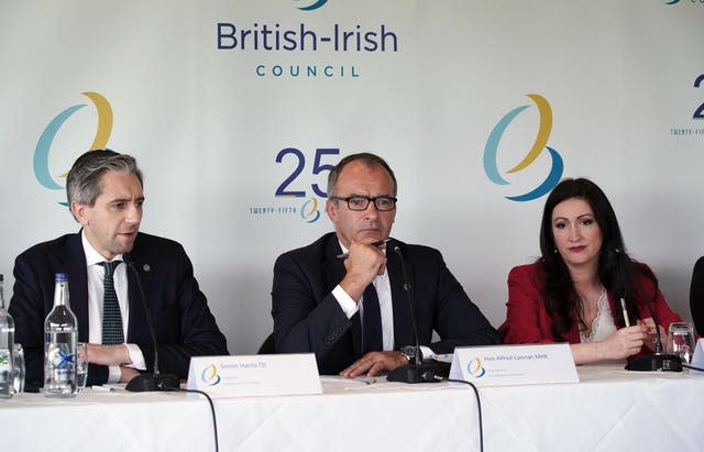 Taoiseach Simon Harris, Alfred Cannan, Chief Minister of the Isle of Man, and Stormont deputy First Minister Emma Little-Pengelly