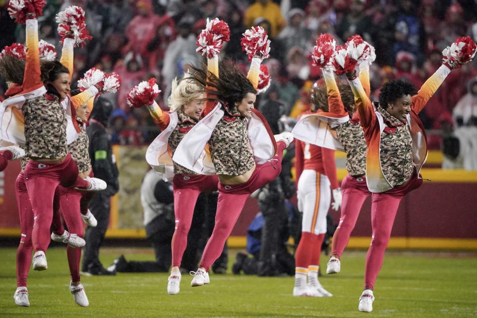 Nov 20, 2023; Kansas City, Missouri, USA; The Kansas City Chiefs cheerleaders perform against the <a class="link " href="https://sports.yahoo.com/nfl/teams/philadelphia/" data-i13n="sec:content-canvas;subsec:anchor_text;elm:context_link" data-ylk="slk:Philadelphia Eagles;sec:content-canvas;subsec:anchor_text;elm:context_link;itc:0">Philadelphia Eagles</a> prior to a game at GEHA Field at Arrowhead Stadium. Mandatory Credit: Denny Medley-USA TODAY Sports