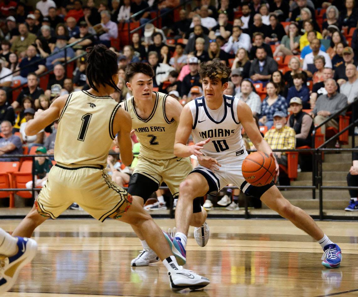 Keller forward Steven Ramirez (10) drives into double coverage during the first period of the Conference 6A Region 1 Regional Finals basketball playoffs at Wilkerson-Greines Activity Center in Fort Worth, Texas, Saturday, Mar. 02, 2024.