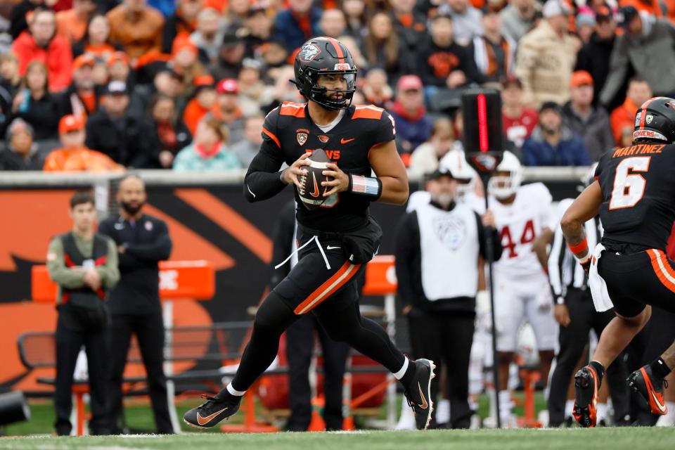 Oregon State Beavers quarterback DJ Uiagalelei looks to throw during the first half against the Stanford Cardinal at Reser Stadium.