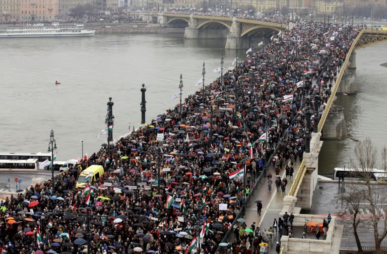 Supporters of Prime Minister Viktor Orban marched in Budapest ahead of Hungary's upcoming election