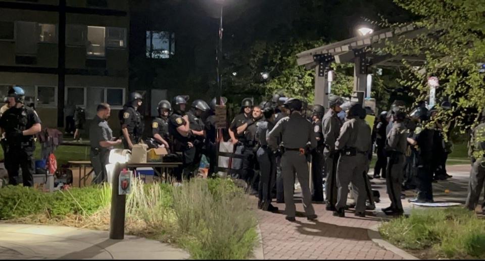 Several SUNY Purchase students and community members were escorted off campus by police Thursday, May 2, 2024 after they created a pro-Palestine encampment on the campus quad.