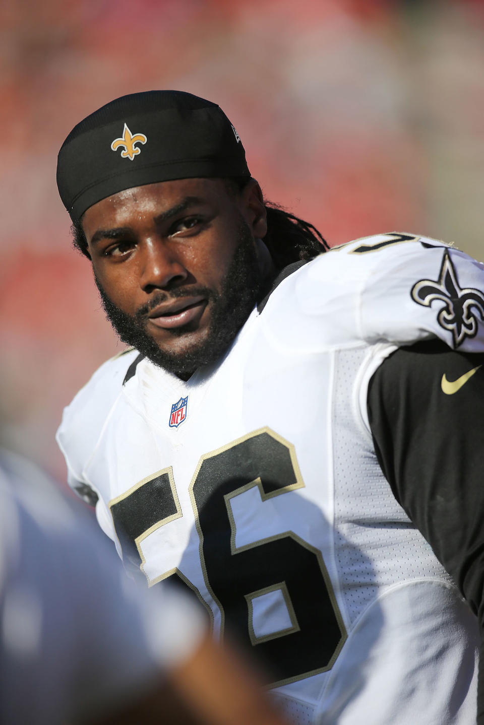 Ronald Powell #56 of the New Orleans Saints is seen on the sideline during an NFL football game between the New Orleans Saints and the Tampa Bay Buccaneers at Raymond James Stadium on December 28, 2014 in Tampa, Florida.  (Alex Menendez / Getty Images)