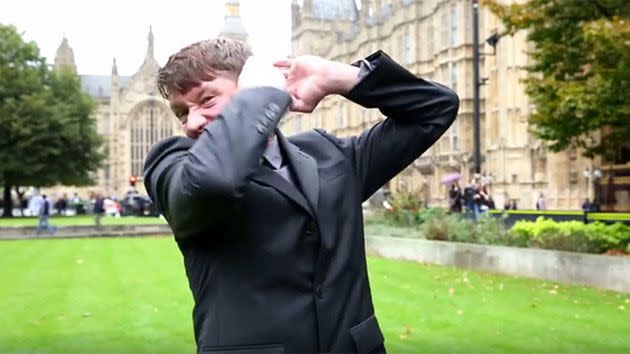 Inspired by popular bloopers, entertainer Jonathan Pie decided to have some fun as a spoof reporter. Photo: YouTube