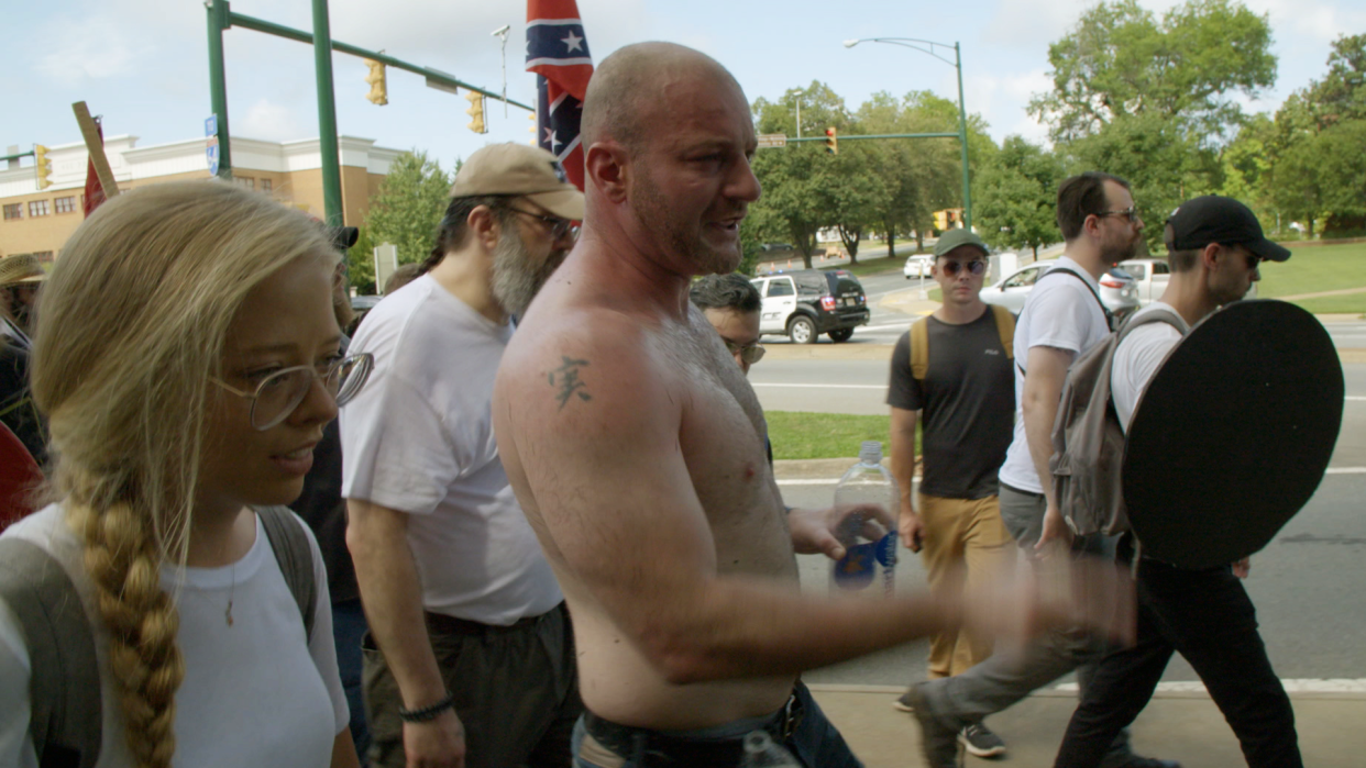 Vice News correspondent Elle Reeve talks with Chris Cantwell in Charlottesville, Va., on Aug. 12, 2017. (Vice News Tonight/”Charlottesville: Race and Terror”)