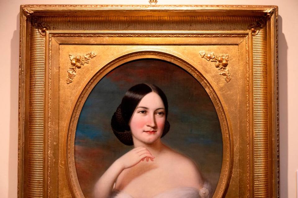 A portrait of Mattie Ready Morgan, wife of Confederate general John Hunt Morgan hangs at Hopemont in Lexington, Ky., Tuesday, September 14, 2021.