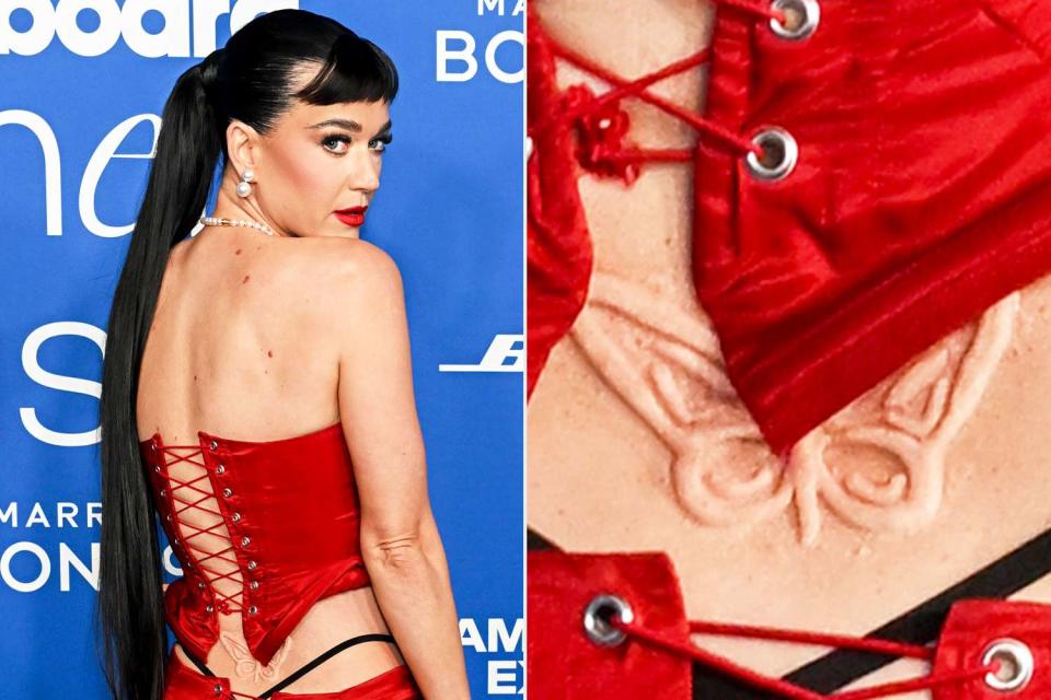 <p>Gilbert Flores/Billboard/Getty (2)</p> Katy Perry shows off butterfly tattoo prosthetic at the 2024 Billboard Women in Music Awards 