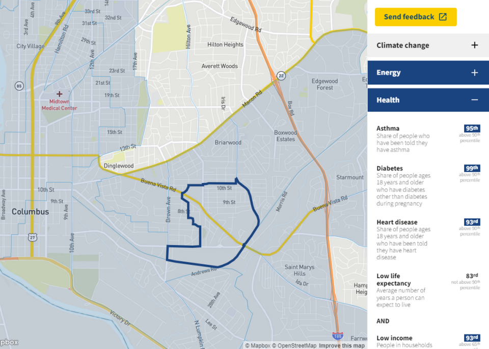 Tract 13215002800 in the Climate and Economic Justice Screening Tool has energy, health, housing, and legacy pollution burdens. This is an example of a LIDAC community that the grant must include and consider in it’s plans.