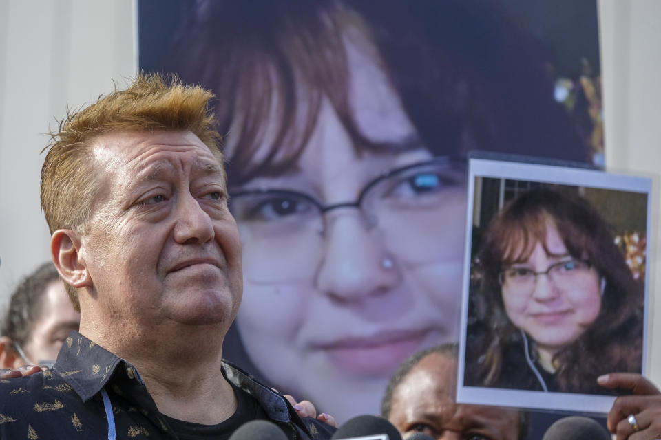 FILE - Juan Pablo Orellana Larenas, father of Valentina Orellana Peralta, speaks during a news conference outside the Los Angeles Police Department headquarters in Los Angeles, on Dec. 28, 2021. The California Attorney General declined to file criminal charges against a Los Angeles police officer who fired a rifle at a suspect inside a clothing store in 2021, killing the 14-year-old girl in a dressing room, authorities said Wednesday, April 17, 2024. (AP Photo/Ringo H.W. Chiu, File)