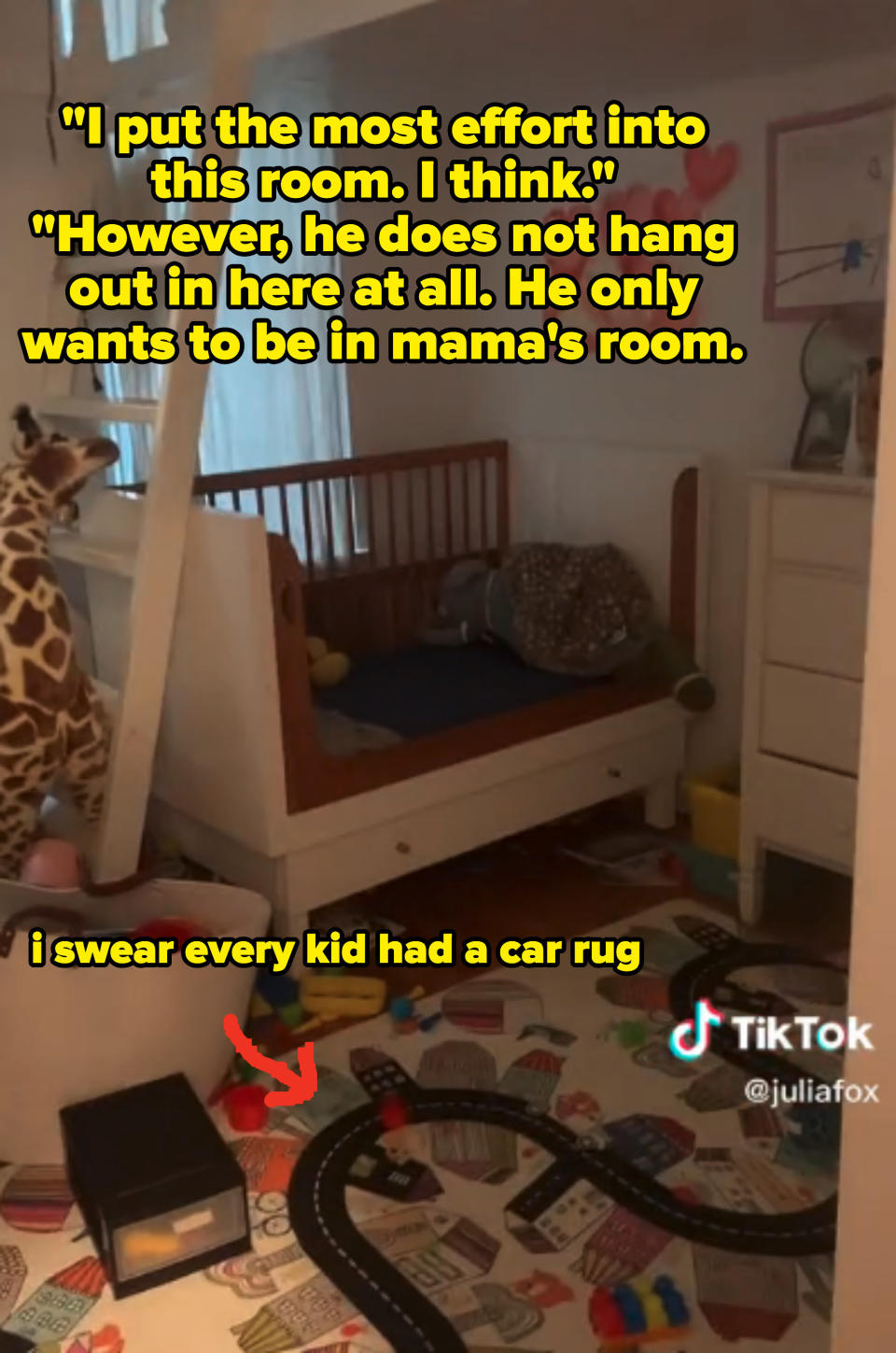 Valentino's room has a bunk bed, a car rug, and a stuffed giraffe