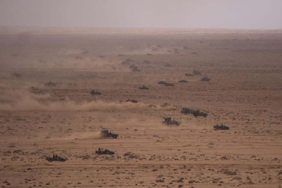 U.S and Moroccan military forces take part in the 20th edition of the African Lion military exercise, in Tantan, south of Agadir, Morocco, Friday, May 31, 2024. (AP Photo/Mosa'ab Elshamy)