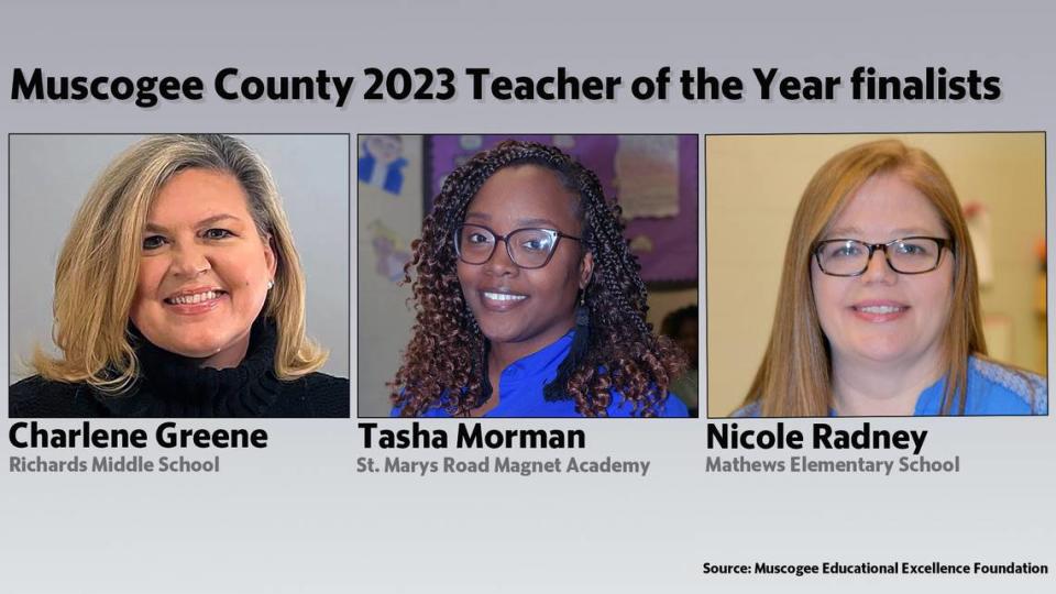 The Muscogee County School District 2023 Teacher of the Year will be one of these three finalists: Charlene Greene, Tasha Morman, or Nicole Radney.