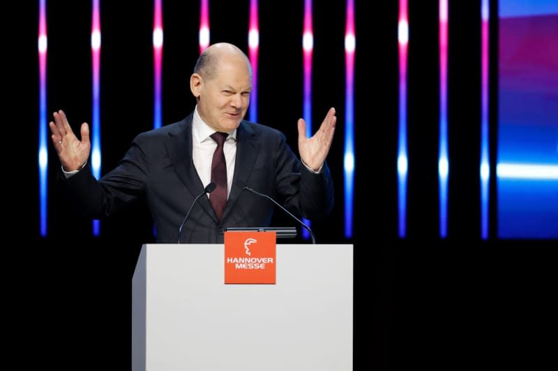 Germany's Chancellor Olaf Scholz speaks at the opening ceremony of the Hannover Messe in the Hannover Congress Centrum (HCC). Michael Matthey/dpa