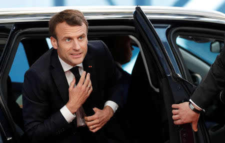 French President Emmanuel Macron arrives at a European Union emergency summit on Brexit in Brussels, Belgium, April 10, 2019. Alastair Grant/Pool via REUTERS