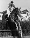 <p>Riding her horse Doublet over a fence during a three-day event at Burghley, Lincolnshire.</p>