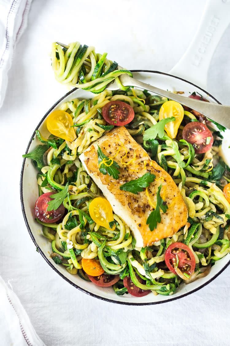 11) Pan-Seared Halibut with Lemony Zucchini Noodles