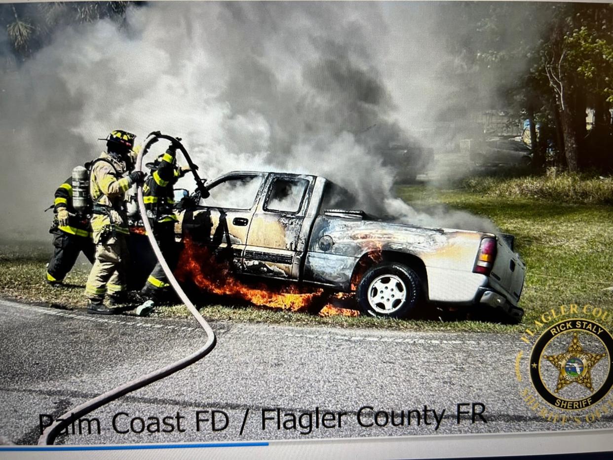 A dog died after it was left in this burning pickup truck in Flagler County. A man and a woman fled from the truck, which had been reported stolen in Jacksonville, but were arrested, according to the Flagler County Sheriff's Office.