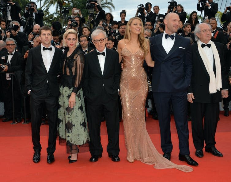 <span class="caption">Woody Allen and cast at the premiere of his first Amazon film, Café Society, in Cannes.</span> <span class="attribution"><a class="link " href="https://www.shutterstock.com/image-photo/cannes-france-may-11-2016-director-467466740" rel="nofollow noopener" target="_blank" data-ylk="slk:Featureflash Photo Agency/Shutterstock;elm:context_link;itc:0;sec:content-canvas">Featureflash Photo Agency/Shutterstock</a></span>