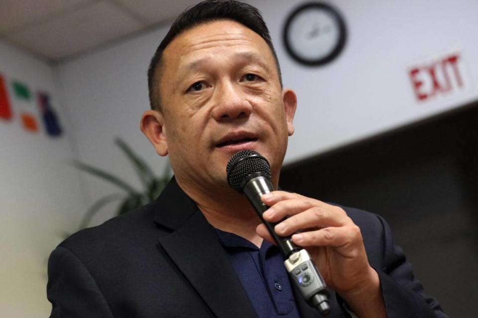 Pao Yang, The Fresno Center CEO, speakes during the anti-hate roundtable discussion hosted by California Attorney General Rob Bonta on Tuesday, Sept. 12 in Fresno.