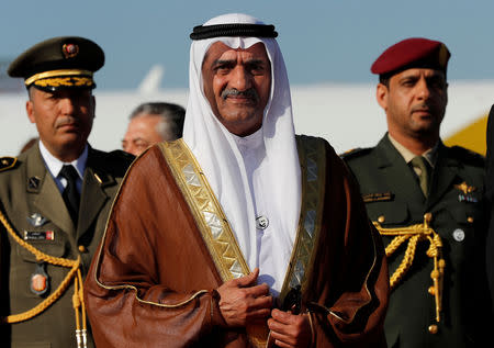 Sheikh Hamad Bin Mohammed Al Sharqi, the ruler of the Emirate of Fujairah in the United Arab Emirates, arrives at Tunis-Carthage International Airport to attend the Arab Summit, in Tunis, Tunisia March 30, 2019. Hussein Malla/Pool via REUTERS