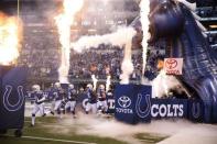 Oct 22, 2017; Indianapolis, IN, USA; The Indianapolis Colts runs onto the field before a game against the Jacksonville Jaguars at Lucas Oil Stadium. Mandatory Credit: Brian Spurlock-USA TODAY Sports