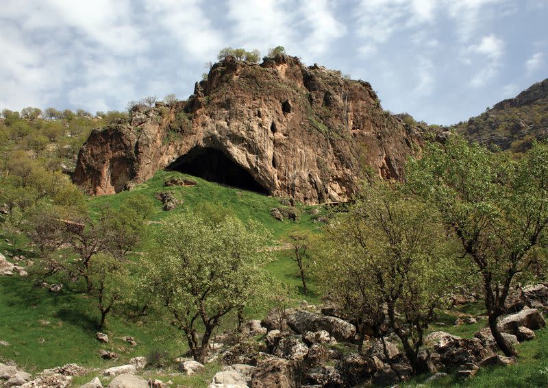 View of the entrance to Shanidar Cave in the foothills of the Baradost Mountains in Iraq’s northern Kurdistan region