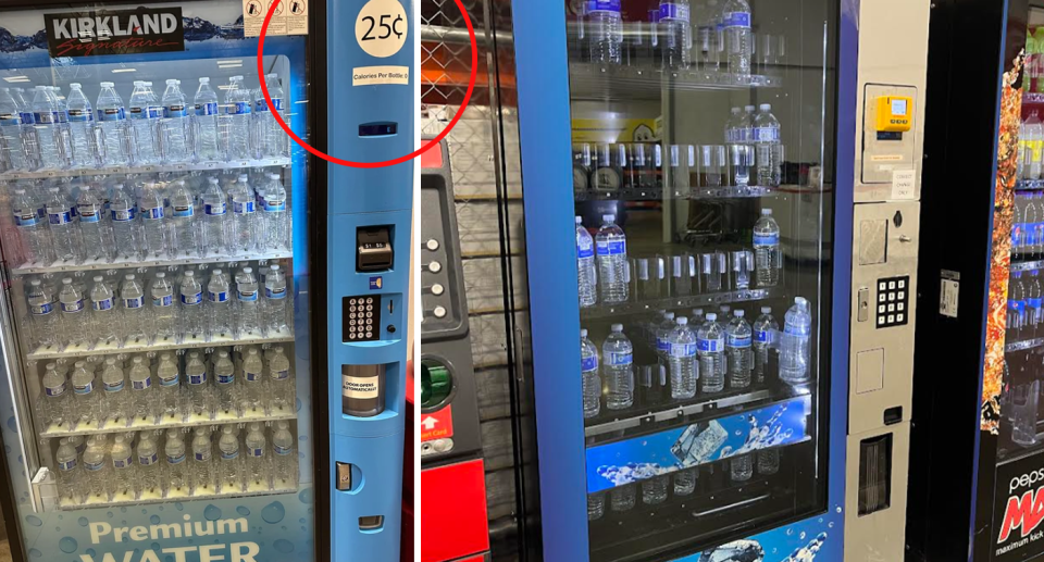 Costco's ultra-cheap bottled water has sparked heated debate among environmentalists. Pictured is a vending machine in the US (right) and Australia (left). Source: Reddit / Supplied. 