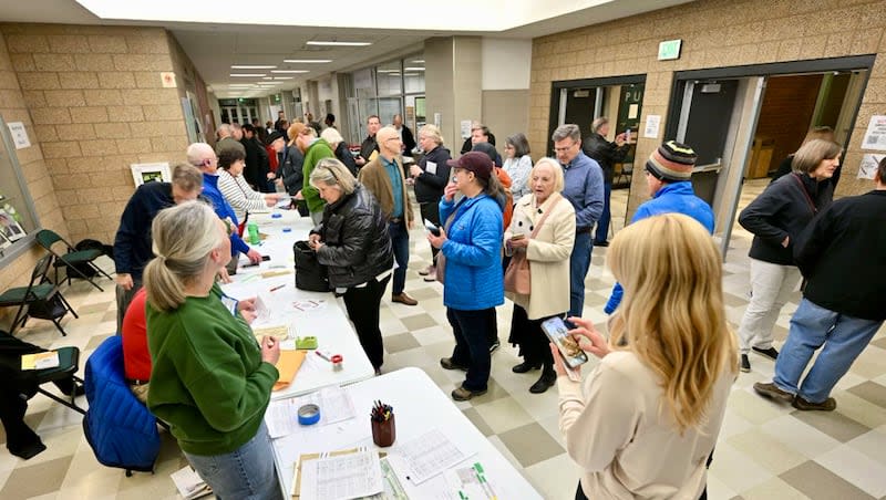 Voters attend Republican Caucus Night at Olympus High School in Holladay on Tuesday, March 5, 2024.