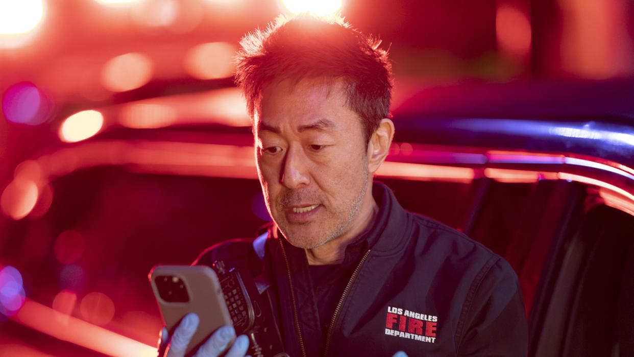 Kenneth Choi as Chimney at the Bachelor mansion in 9-1-1 Season 7x04. 
