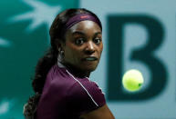 Tennis - WTA Tour Finals - Singapore Indoor Stadium, Kallang, Singapore - October 22, 2018 Sloane Stephens of the U.S. in action during her group stage match against Japan's Naomi Osaka REUTERS/Edgar Su