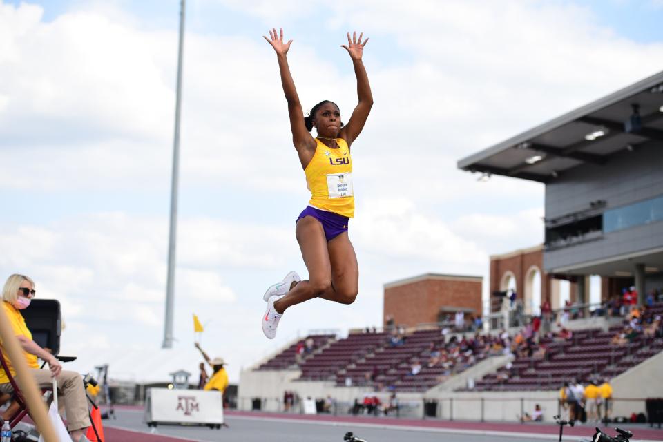 Southeast grad Serena Bolden leaps during the SEC outdoor track and field championships in May 14, 2021 in College Station, Texas.