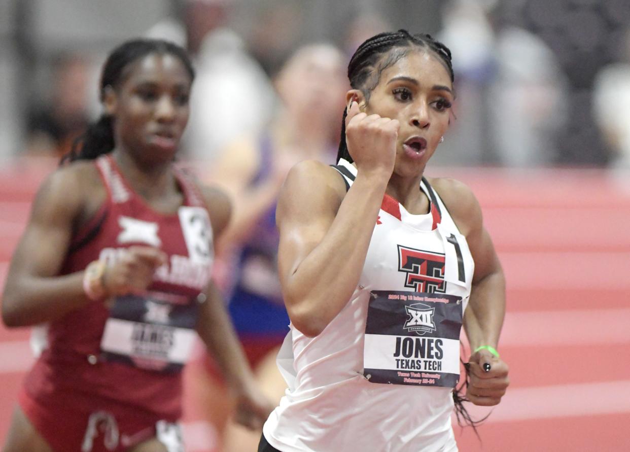 Texas Tech Kayla Jones competes in the preliminaries of the 600-yard run on Friday's first day of the Big 12 indoor track and field championships at the Sports Performance Center. Jones, a two-time conference champion in the 800 meters for Ball State, ran the fastest time in the 600 during Friday's qualifying.