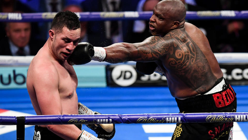 Dillian Whyte, right, and Joseph Parker during their Heavyweight contest at The O2 Arena in London, England. (Photo By Stephen McCarthy/Sportsfile via Getty Images)